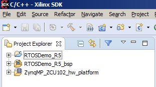 The ARM Cortex-R5 RTOS projects viewed in the Eclipse project explorer.