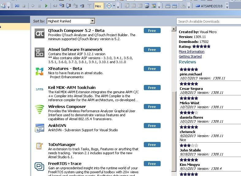 FreeRTOS plug-ins in the Atmel Gallery