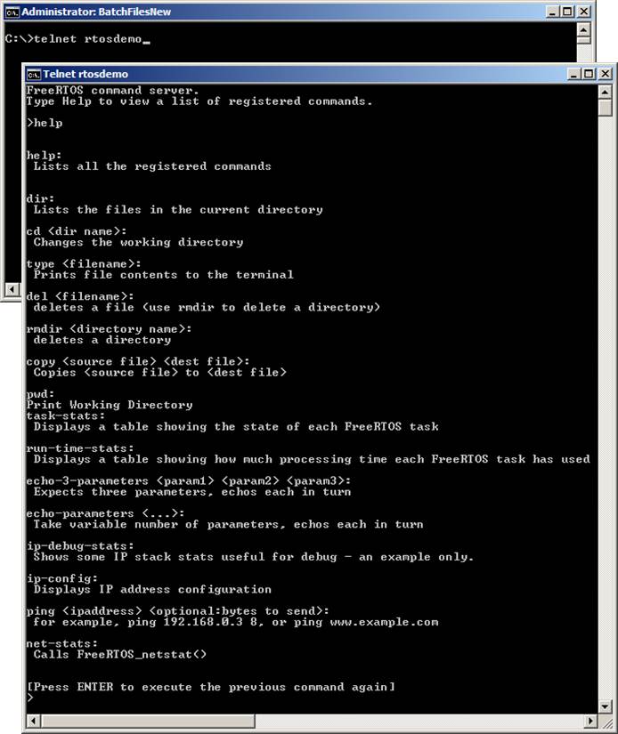 Connecting to then using the RTOS telnet like server