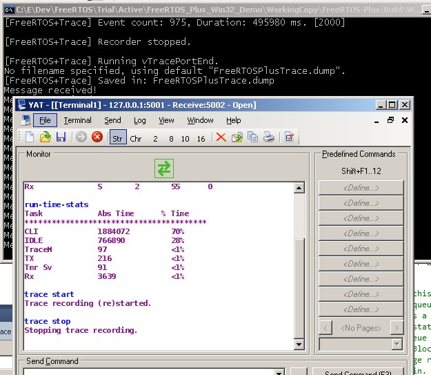 Screen capture after the RTOS trace has been started and stopped from the console