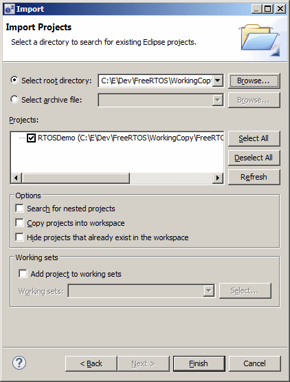 Selecting the RTOS source code when importing into Eclipse CDT