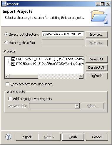 Selecting the ARM Cortex-M0 RTOSDemo and CMSIS projects for importing into Eclipse