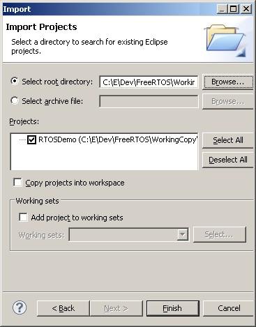 Selecting the RTOS source code when importing into Eclipse CDT