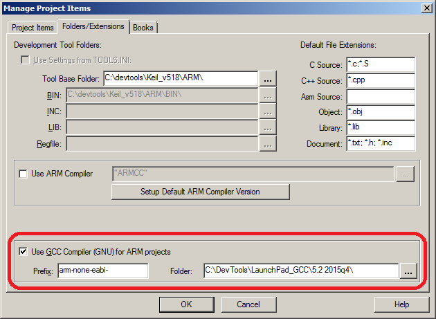 setting the path to the GCC compiler in Keil uVision