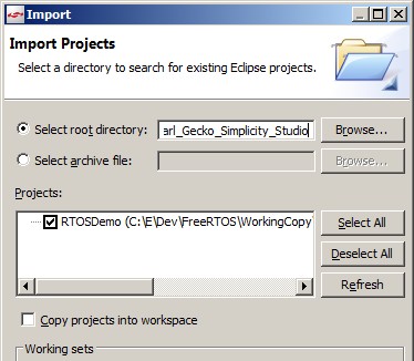 Importing the low power tickless RTOS demo into Eclipse