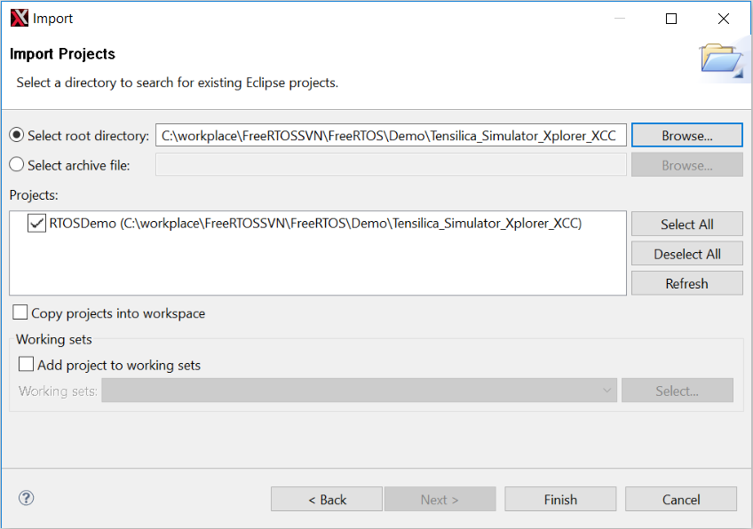 Selecting the RTOS source code when importing into Xtensa Xplorer IDE
