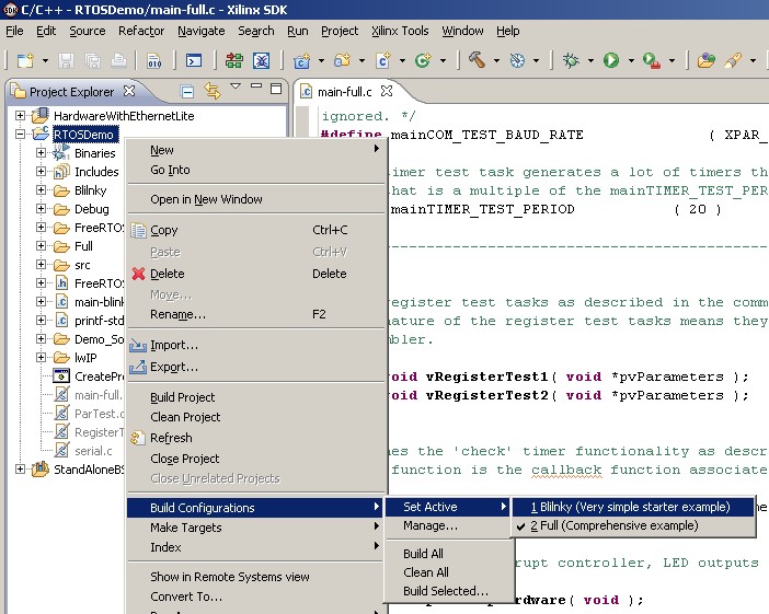 selecting a build configuration in the Xilinx sdk ide