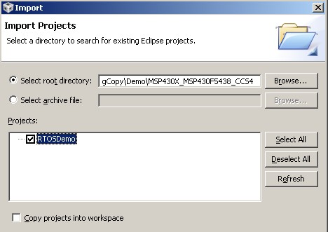 Selecting the FreeRTOS MSP430X CCS project to import into Eclipse